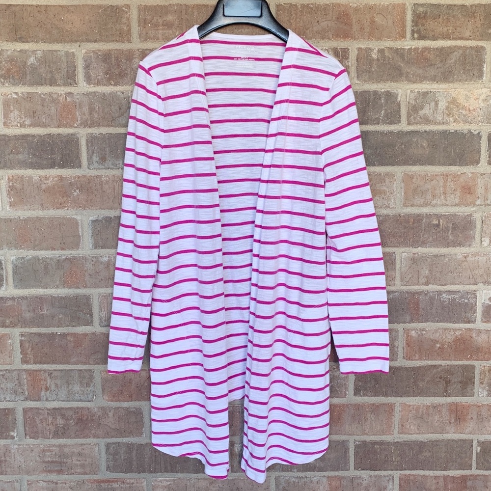 Chico’s Ultimate Tee Cardigan, Pink Stripe, Small